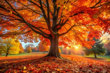 Golden autumn leaves color the park path through the forest