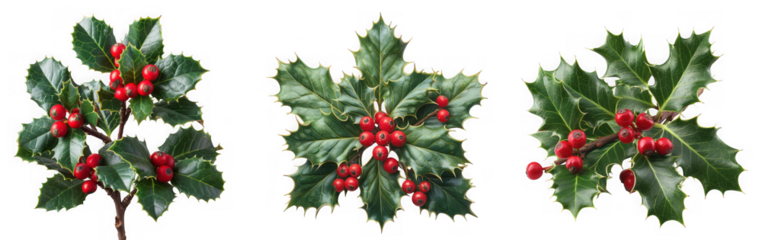 A collection of vibrant holly branches with red berries, isolated on a clean transparent background for festive holiday decor