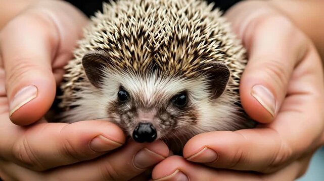 Woman holding a cute little hedgehog in her loving hands, showing care and gentle compassion, animal footage