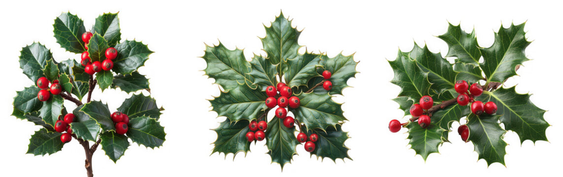 A collection of vibrant holly branches with red berries, isolated on a clean transparent background for festive holiday decor