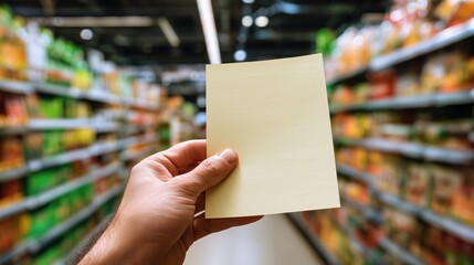 A hand holds a blank yellow note in a grocery store aisle. Colorful product packaging is visible on the shelves, creating a vibrant shopping environment.