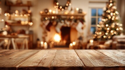 A cozy living room with a wooden table in the foreground. A decorated Christmas tree and a fireplace with stockings are visible in the background, creating a warm holiday atmosphere.