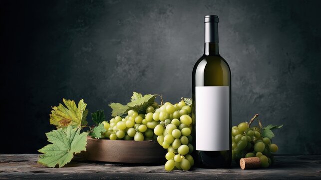 A bottle of white wine stands next to a bowl of fresh green grapes on a wooden table. The background is dark and textured, enhancing the scene's elegance.