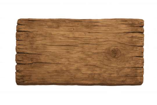 Rustic wood sign showing aged timber texture and natural grain, empty wooden board on transparent background