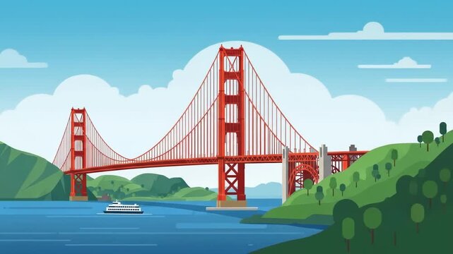 A red suspension bridge arches across blue water, with a small white ferry below. Rolling green hills and trees flank the scene, under a cloudy sky