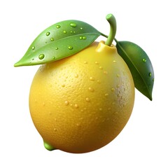 Single Yellow Lemon with Green Leaves and Water Droplets