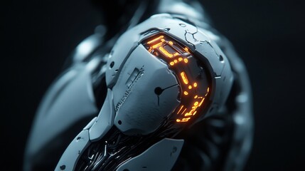 Close up of a futuristic robot shoulder with glowing orange lights
