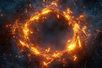 Ring of Fire Glowing Orange Thorns and Branches in Circular Shape on Dark Textured Background
