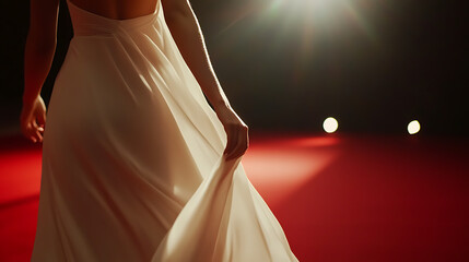 Elegant gown flowing on a red carpet under the spotlights, highlighting grace and sophistication. A timeless image of glamour and poise.