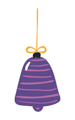 Christmas ornament, tree decoration, bauble, bell isolated on transparent. Hand drawn flat vector illustration. Traditional holiday, Xmas, New Year, seasonal design element, clip art