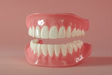 Complete Dentures on Pink Background, Showing Upper and Lower Arches, Prosthetic Teeth, Dental Health