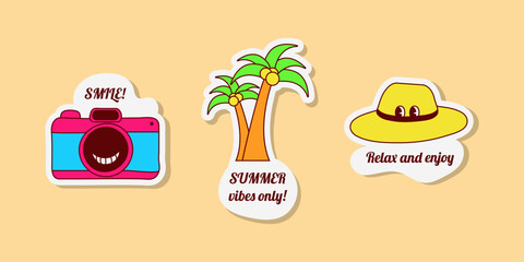 Cartoon style vector art shows three travel stickers. One has a camera, another shows two palm trees, and the third one is a sunhat. The stickers are colorful and fun.