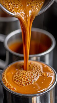 Thai tea pulling process kitchen beverage photography close-up artful technique