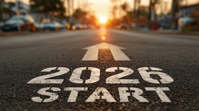 A close-up view of a road marking with the numbers 2026 and the word START. The scene is illuminated by a warm sunset in the background.