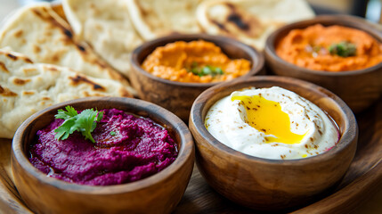 Assortment of colorful dips in wooden bowls with fresh flatbread. Perfect for sharing and enjoying a variety of flavors.