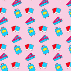 A colourful seamless pattern of cartoon suitcases, travel bags, and polaroid style photos on a light pink background. The vector design has a y2k aesthetic.