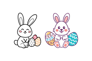 Fototapeta premium Two adorable cartoon bunnies with colorful easter eggs a festive illustration