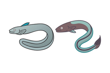 Two cartoon eels with distinct coloration are swimming gracefully