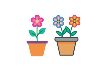 Fototapeta premium Three colorful flowers in pots simple cartoon illustration style