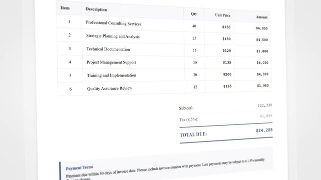 Business invoice document with animated financial calculations and accounting data progression
