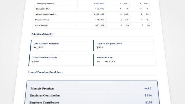 Healthcare benefits summary document with insurance coverage limits and annual premium breakdown animation
