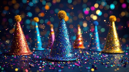 Party hats, confetti, celebration, festive backdrop, for social media or print