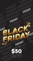Dramatic Black Friday promotional banner with a bold gold title and 70% off offer on a black background. Features a subtle diagonal days-of-the-week text pattern for a unique design
