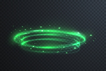 Glowing green halo ring with neon gradient and particle sparkle. Abstract futuristic symbol representing orbit, light, and dynamic motion energy.