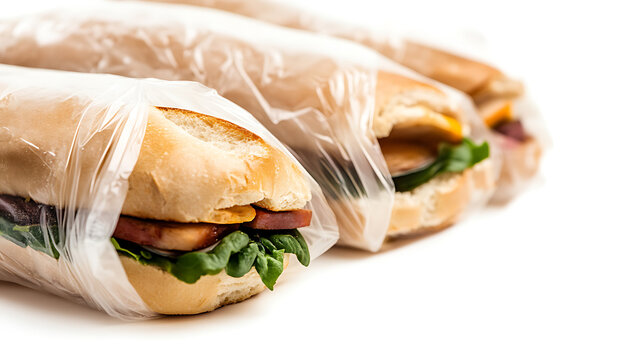 A row of fresh sandwiches wrapped in plastic, ready for a picnic or lunch. The sandwiches are filled with meat and vegetables on a light background.