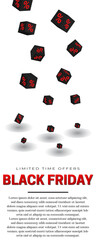 Creative Black Friday sale concept with scattered black dice showing red percentage symbols. Graphic design for promotional marketing, conveying chance, discount and urgency on white background.