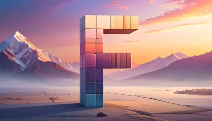 A pixelated F letter stands out against a picturesque mountain backdrop with a vibrant sunset sky