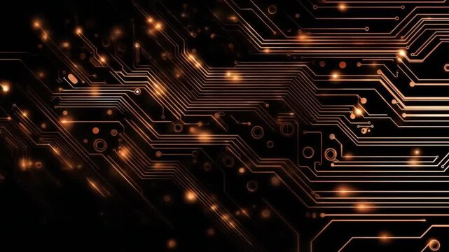 Abstract circuit board with glowing elements on a dark background