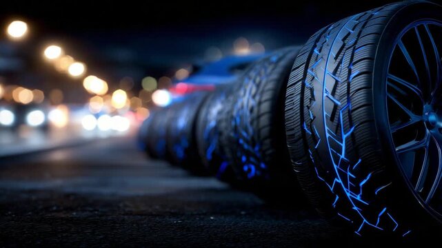 12Row of modern performance tires captured in crisp detail, tread lines forming geometric patterns, illuminated subtly against a dark matte background