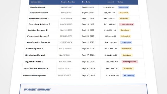 Vendor payment schedule document with animated financial data and invoice tracking system

