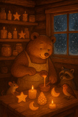 Whimsical Winter Cabin Scene with Bear Making Candles on a Snowy Night