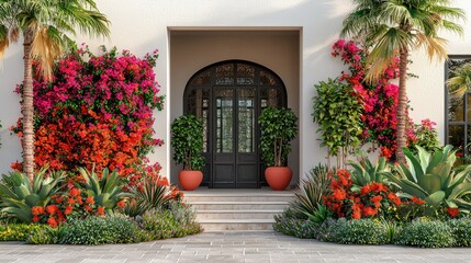Fototapeta premium Mediterranean home entrance, vibrant flowers, sunny day, landscaping design, real estate