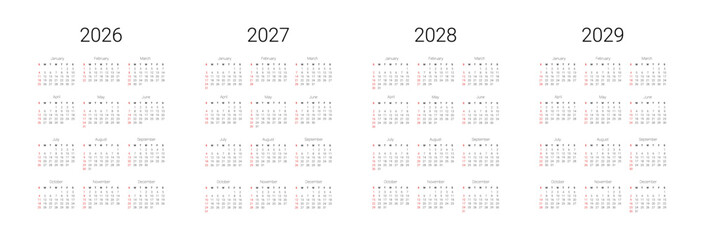 English 2026, 2027, 2028, 2029 calendar start from Sunday. Vector illustration design template for USA, Canada. © dmutrojarmolinua