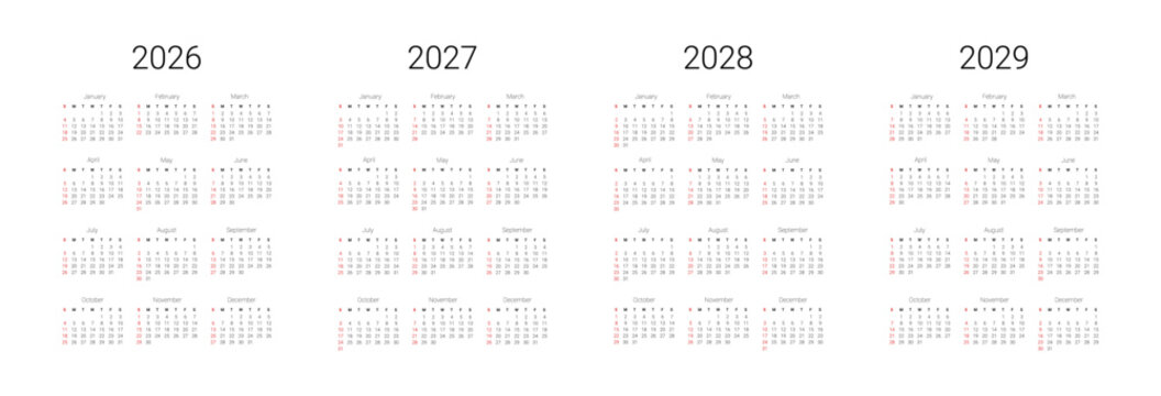 English 2026, 2027, 2028, 2029 calendar start from Sunday. Vector illustration design template for USA, Canada.