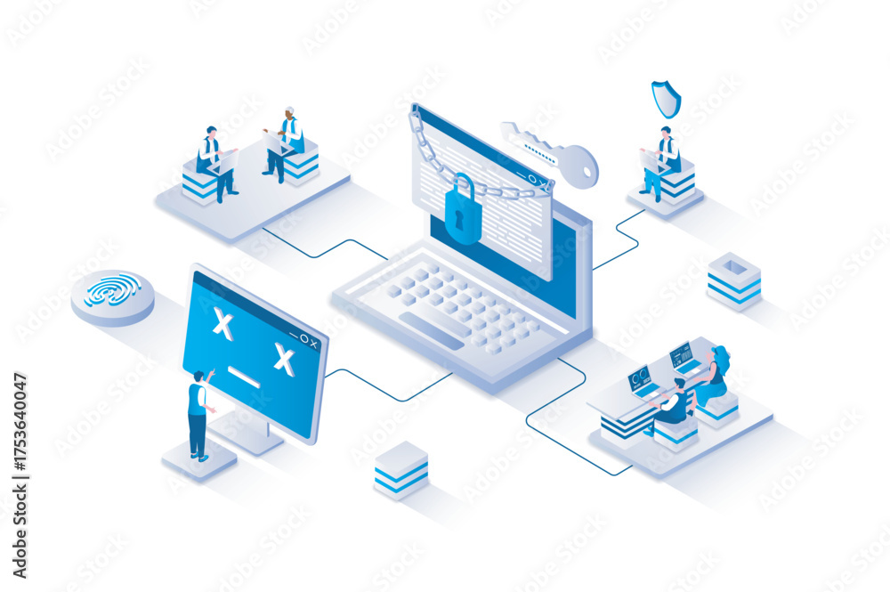 Poster cyber security 3d isometric concept with isometry people design for web. users protecting their pers