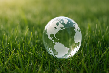 Glass Globe Representing Earth Placed on Vibrant Green Grass Field
