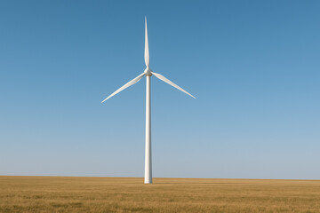 Single Wind Turbine Standing in Golden Field under Blue Sky
