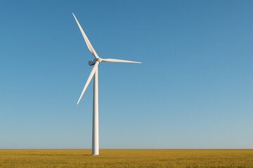 Modern Wind Turbine Standing on Open Field under Clear Blue Sky
