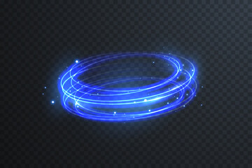 Realistic glowing blue neon ring with bright laser trail and luminous particles. Futuristic round frame design for LED, tech, and disco banner visuals.