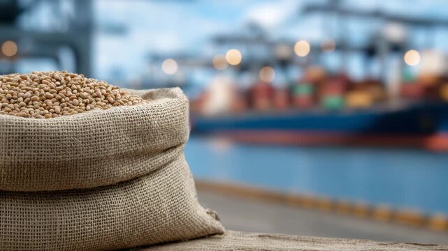 101Close-up of rough burlap texture filled with wheat grains, blurred background showing loading dock, trucks, and cargo freighter ready for departure