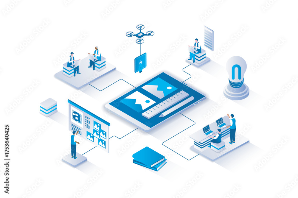 Poster designer 3d isometric concept with isometry people design for web. people working in creative studio