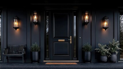 Dark modern home entrance, night lighting, plants, bench