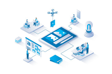 Designer 3d isometric concept with isometry people design for web. People working in creative studio, making digital art with painting tools, making visual projects for branding. Vector illustration.