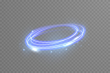 Bright blue neon circular frame with glowing laser light and spark swirl. Futuristic illuminated ring banner for sci-fi, tech, and modern digital design templates.