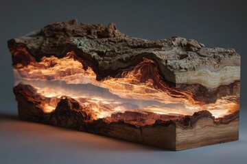 Captivating conceptual visualization showcasing earth's geological layers with a stunning sky scape, featuring warm colors and intricate detailing, a unique artistic representation.