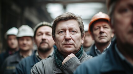 Fototapeta premium A group of middle-aged men in work attire, some wearing helmets, standing in a factory setting. They appear serious and focused, reflecting a work environment.